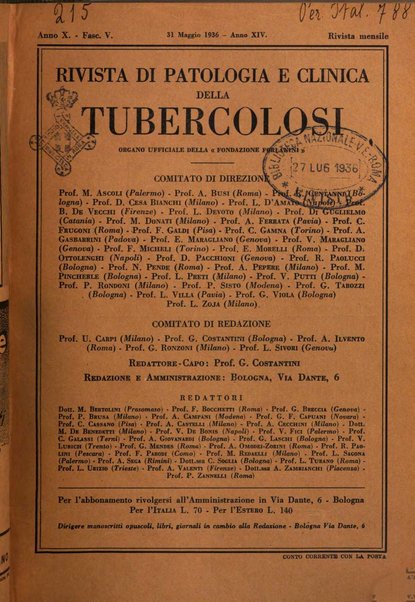 Rivista di patologia e clinica della tubercolosi organo ufficiale della Società italiana fascista di studi scientifici sulla tubercolosi