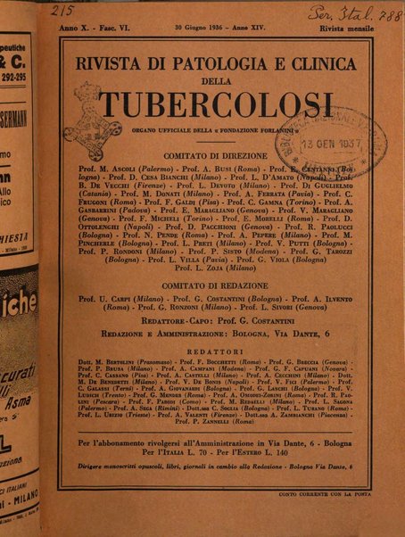 Rivista di patologia e clinica della tubercolosi organo ufficiale della Società italiana fascista di studi scientifici sulla tubercolosi