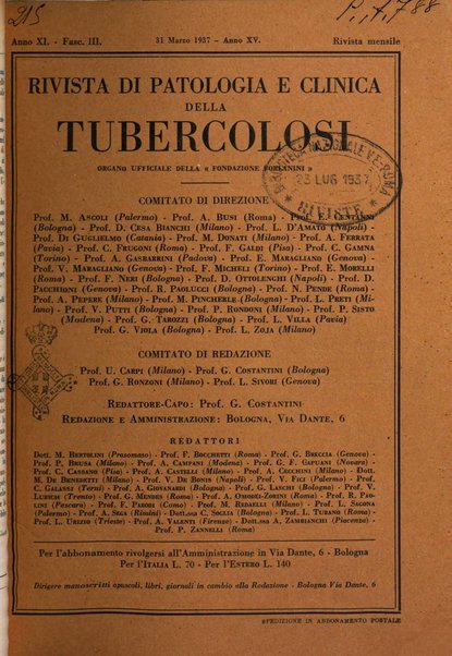 Rivista di patologia e clinica della tubercolosi organo ufficiale della Società italiana fascista di studi scientifici sulla tubercolosi