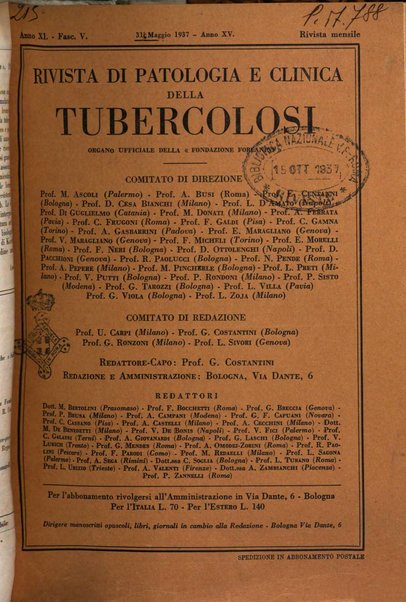 Rivista di patologia e clinica della tubercolosi organo ufficiale della Società italiana fascista di studi scientifici sulla tubercolosi