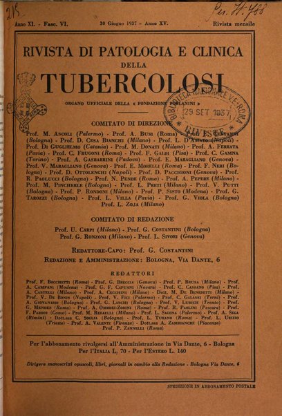 Rivista di patologia e clinica della tubercolosi organo ufficiale della Società italiana fascista di studi scientifici sulla tubercolosi