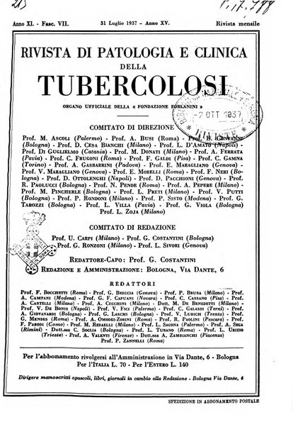 Rivista di patologia e clinica della tubercolosi organo ufficiale della Società italiana fascista di studi scientifici sulla tubercolosi