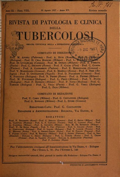 Rivista di patologia e clinica della tubercolosi organo ufficiale della Società italiana fascista di studi scientifici sulla tubercolosi