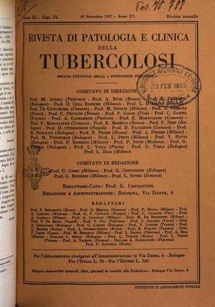 Rivista di patologia e clinica della tubercolosi organo ufficiale della Società italiana fascista di studi scientifici sulla tubercolosi