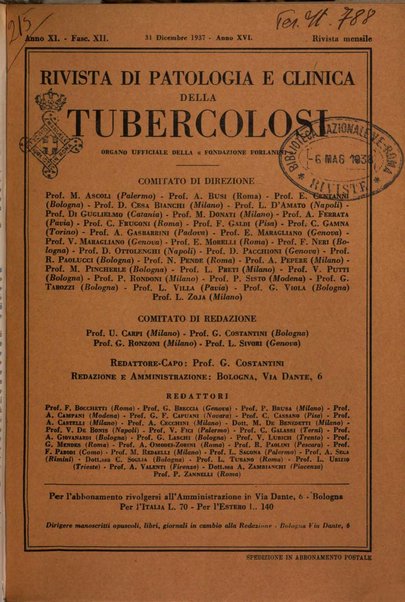 Rivista di patologia e clinica della tubercolosi organo ufficiale della Società italiana fascista di studi scientifici sulla tubercolosi