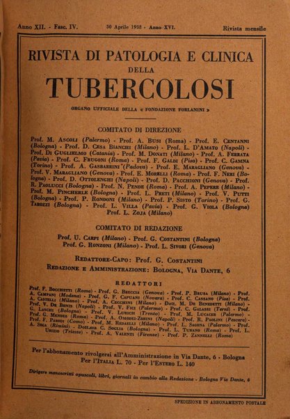 Rivista di patologia e clinica della tubercolosi organo ufficiale della Società italiana fascista di studi scientifici sulla tubercolosi