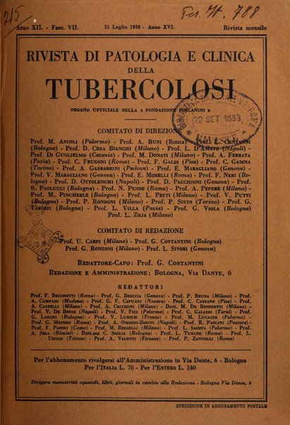 Rivista di patologia e clinica della tubercolosi organo ufficiale della Società italiana fascista di studi scientifici sulla tubercolosi