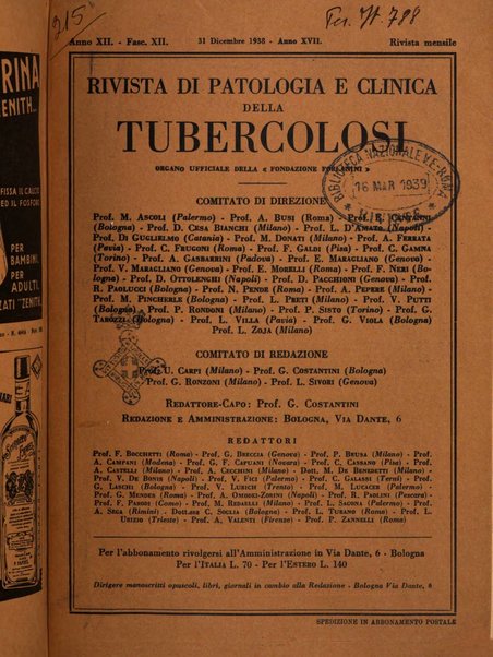 Rivista di patologia e clinica della tubercolosi organo ufficiale della Società italiana fascista di studi scientifici sulla tubercolosi