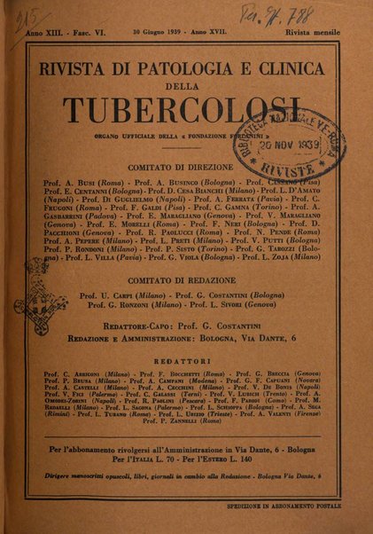 Rivista di patologia e clinica della tubercolosi organo ufficiale della Società italiana fascista di studi scientifici sulla tubercolosi