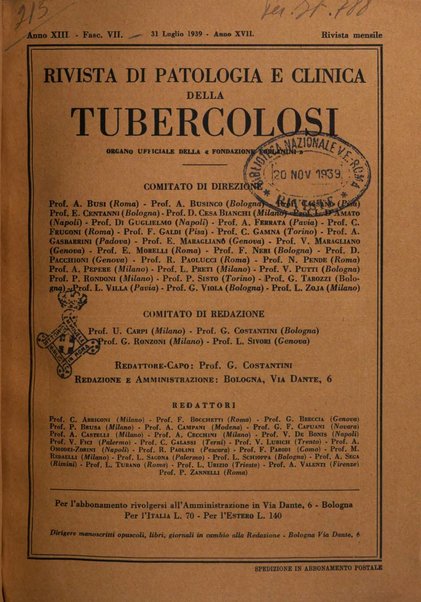 Rivista di patologia e clinica della tubercolosi organo ufficiale della Società italiana fascista di studi scientifici sulla tubercolosi