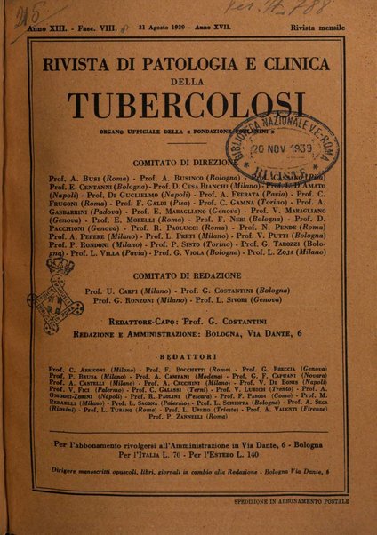 Rivista di patologia e clinica della tubercolosi organo ufficiale della Società italiana fascista di studi scientifici sulla tubercolosi