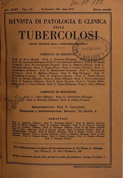 Rivista di patologia e clinica della tubercolosi organo ufficiale della Società italiana fascista di studi scientifici sulla tubercolosi