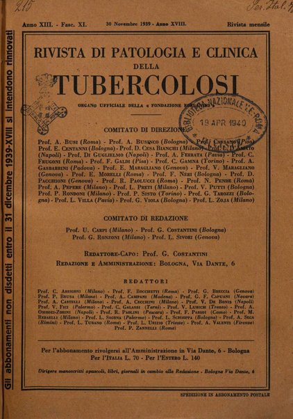 Rivista di patologia e clinica della tubercolosi organo ufficiale della Società italiana fascista di studi scientifici sulla tubercolosi