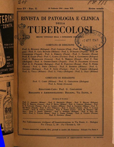 Rivista di patologia e clinica della tubercolosi organo ufficiale della Società italiana fascista di studi scientifici sulla tubercolosi