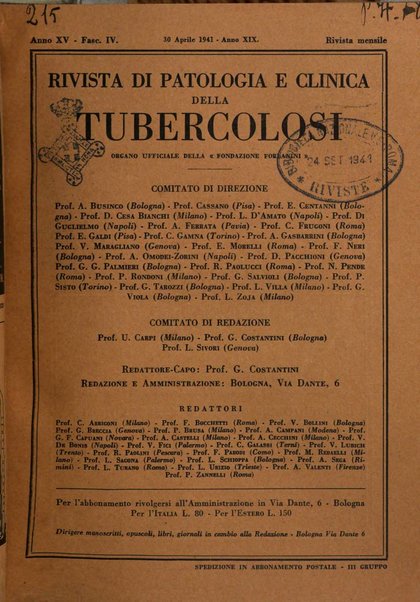 Rivista di patologia e clinica della tubercolosi organo ufficiale della Società italiana fascista di studi scientifici sulla tubercolosi