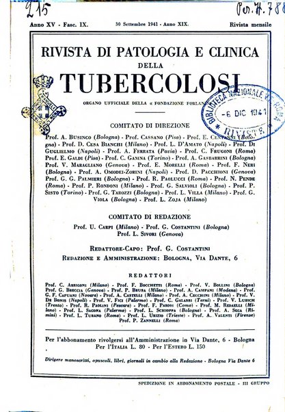 Rivista di patologia e clinica della tubercolosi organo ufficiale della Società italiana fascista di studi scientifici sulla tubercolosi