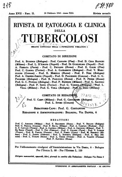 Rivista di patologia e clinica della tubercolosi organo ufficiale della Società italiana fascista di studi scientifici sulla tubercolosi