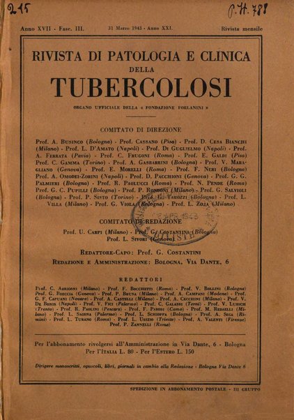 Rivista di patologia e clinica della tubercolosi organo ufficiale della Società italiana fascista di studi scientifici sulla tubercolosi