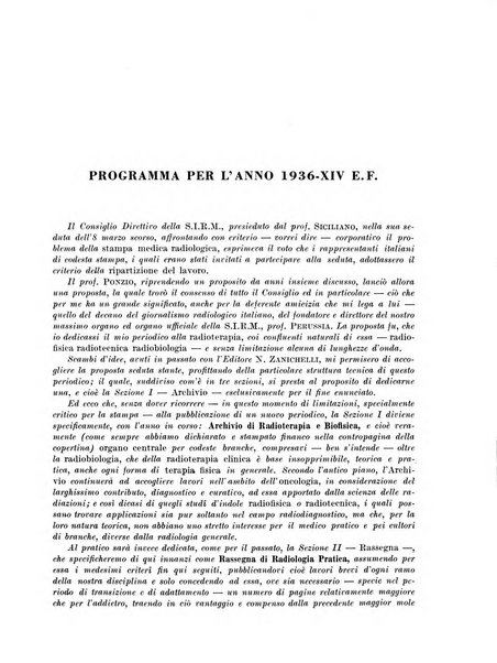 Radiologia e fisica medica. Sezione 1, Archivio di radioterapia e biofisica