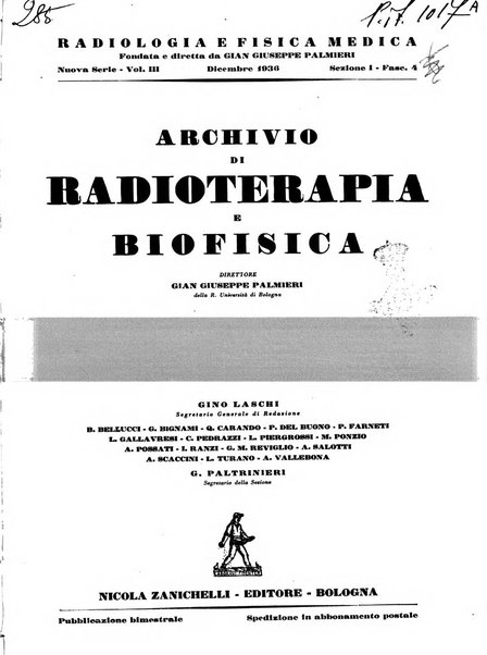 Radiologia e fisica medica. Sezione 1, Archivio di radioterapia e biofisica