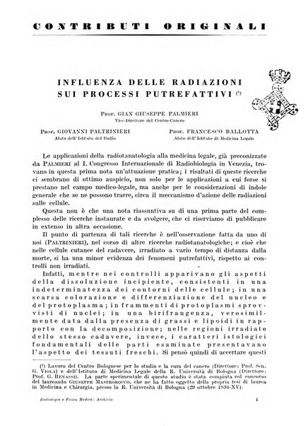 Radiologia e fisica medica. Sezione 1, Archivio di radioterapia e biofisica