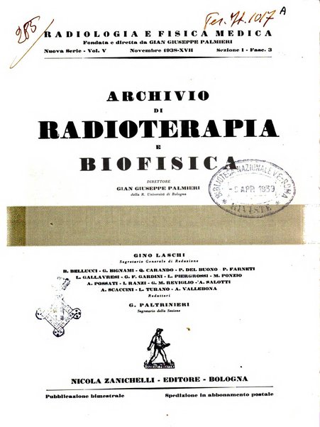 Radiologia e fisica medica. Sezione 1, Archivio di radioterapia e biofisica