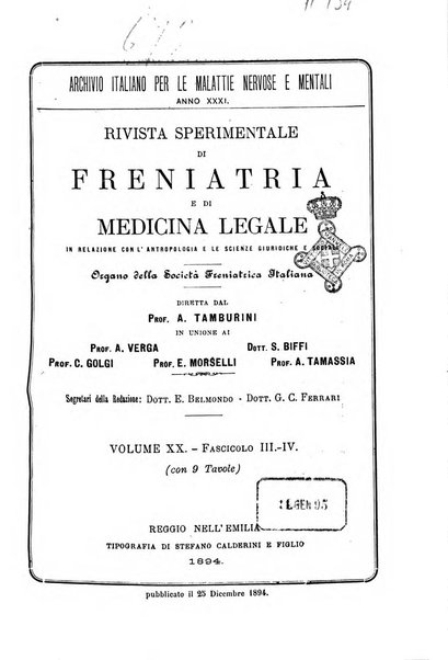 Rivista sperimentale di freniatria e di medicina legale in relazione con l'antropologia e le scienze giuridiche e sociali