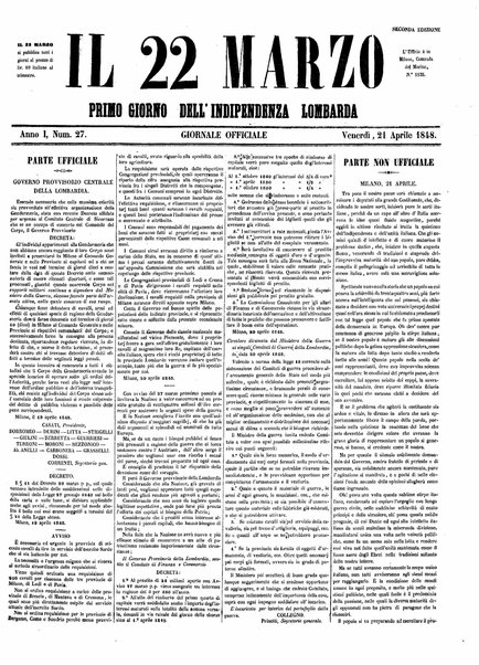 Il 22 marzo : primo giorno dell'indipendenza lombarda : giornale officiale