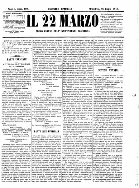 Il 22 marzo : primo giorno dell'indipendenza lombarda : giornale officiale