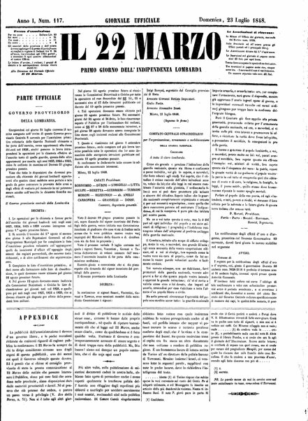 Il 22 marzo : primo giorno dell'indipendenza lombarda : giornale officiale