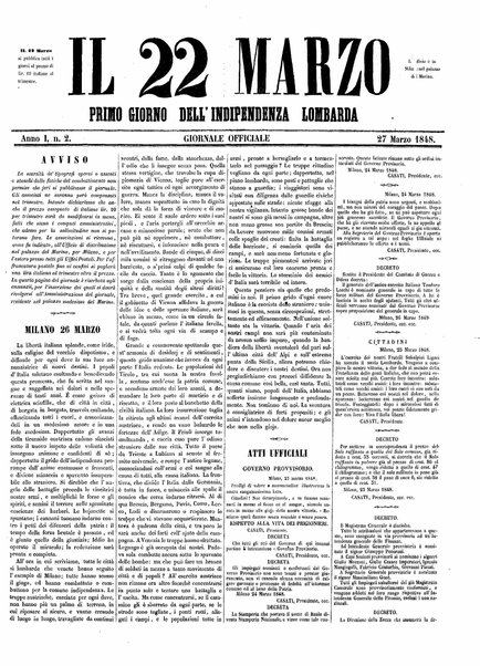 Il 22 marzo : primo giorno dell'indipendenza lombarda : giornale officiale