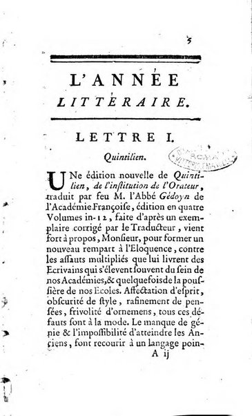 L'annee litteraire ou Suite des lettres sur quelques ecrits de ce temps