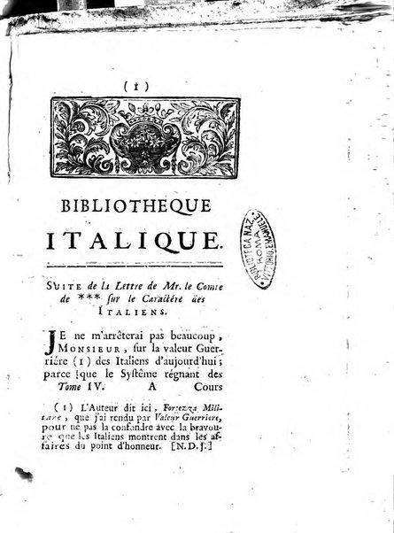 Bibliotheque italique ou histoire litteraire de l'Italie