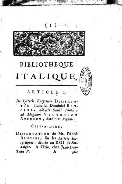 Bibliotheque italique ou histoire litteraire de l'Italie