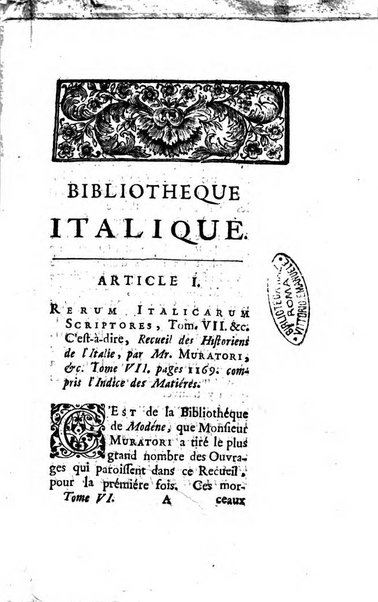 Bibliotheque italique ou histoire litteraire de l'Italie