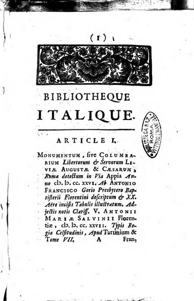 Bibliotheque italique ou histoire litteraire de l'Italie