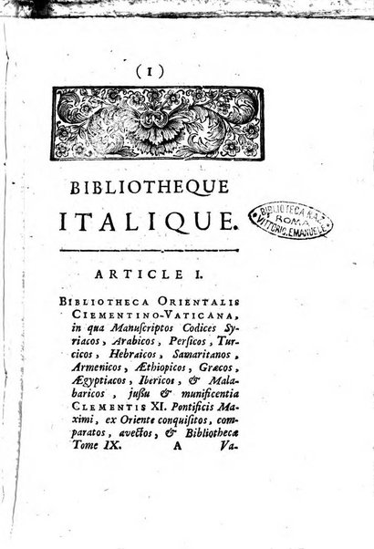 Bibliotheque italique ou histoire litteraire de l'Italie