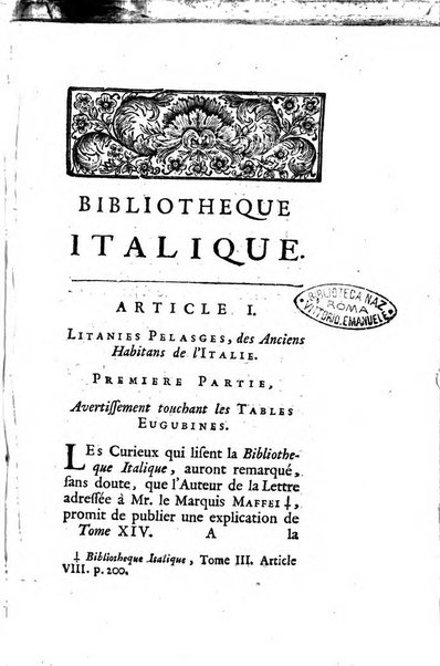 Bibliotheque italique ou histoire litteraire de l'Italie