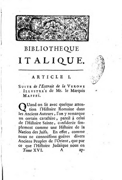 Bibliotheque italique ou histoire litteraire de l'Italie