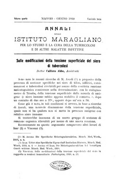 Annali dell'Istituto Maragliano per lo studio e la cura della tubercolosi e di altre malattie infettive