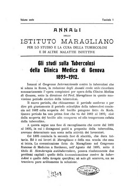 Annali dell'Istituto Maragliano per lo studio e la cura della tubercolosi e di altre malattie infettive