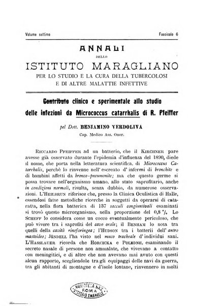 Annali dell'Istituto Maragliano per lo studio e la cura della tubercolosi e di altre malattie infettive