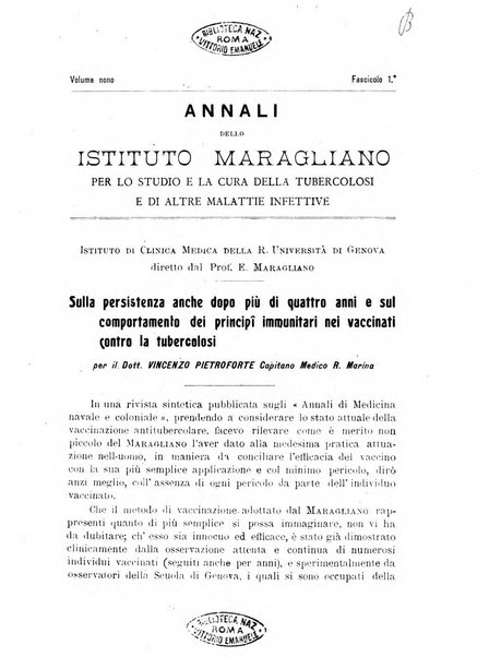 Annali dell'Istituto Maragliano per lo studio e la cura della tubercolosi e di altre malattie infettive