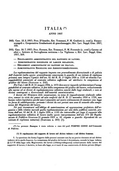 Giurisprudenza comparata di diritto corporativo sindacale e del lavoro