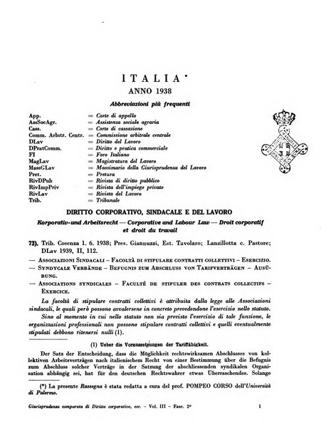 Giurisprudenza comparata di diritto corporativo sindacale e del lavoro