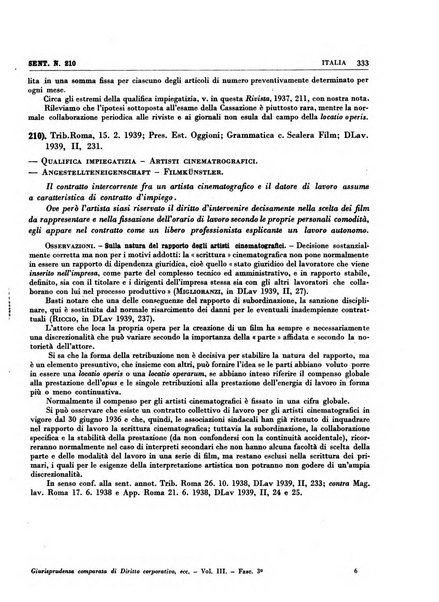 Giurisprudenza comparata di diritto corporativo sindacale e del lavoro