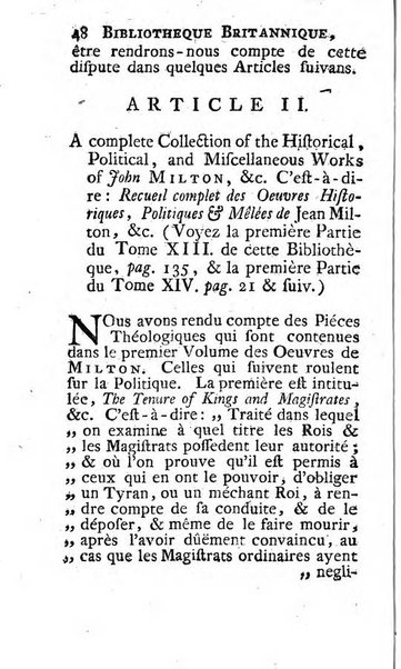 Bibliotheque britannique ou histoire des ouvrages des savans de la Grande Bretagne