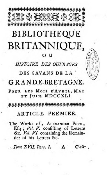 Bibliotheque britannique ou histoire des ouvrages des savans de la Grande Bretagne