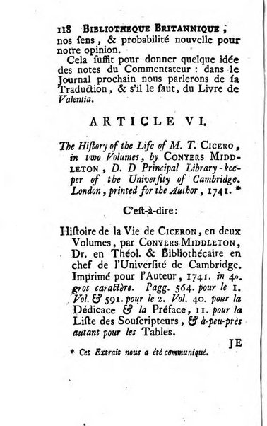 Bibliotheque britannique ou histoire des ouvrages des savans de la Grande Bretagne