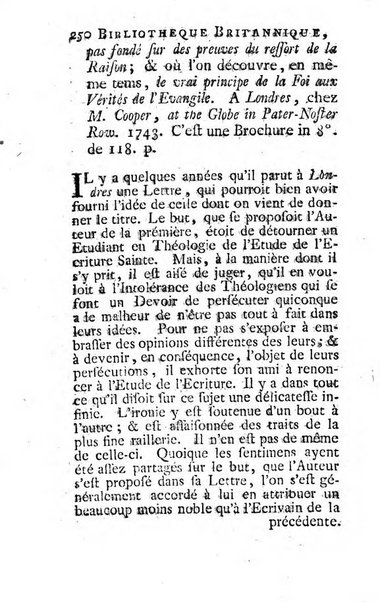 Bibliotheque britannique ou histoire des ouvrages des savans de la Grande Bretagne